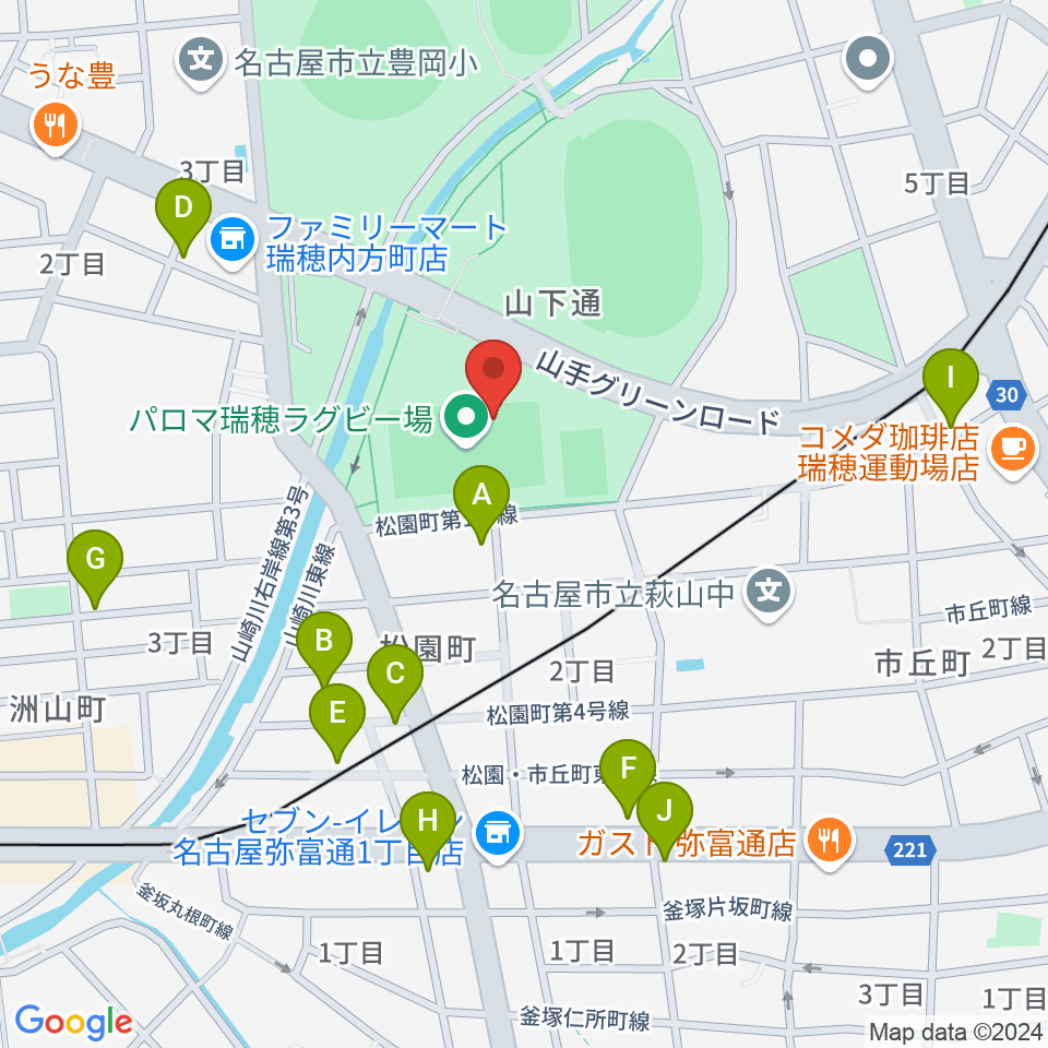 パロマ瑞穂ラグビー場周辺の駐車場・コインパーキング一覧地図