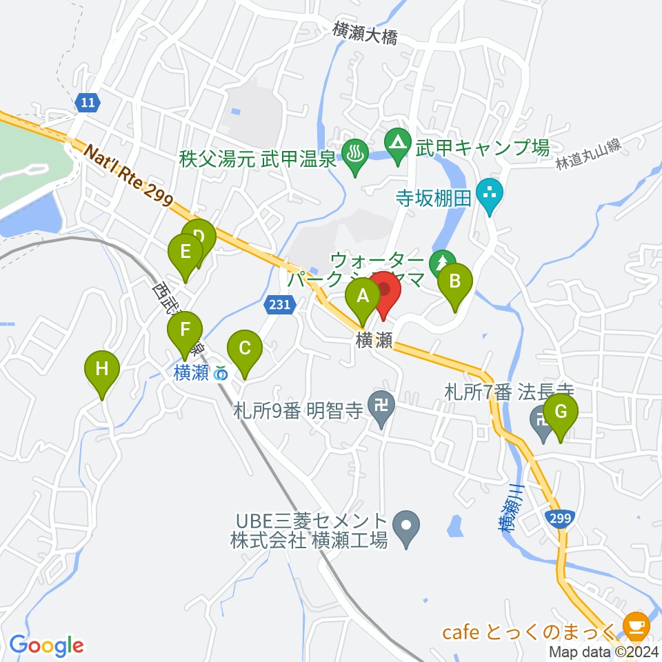 横瀬町町民会館（かわせみ会館）周辺の駐車場・コインパーキング一覧地図