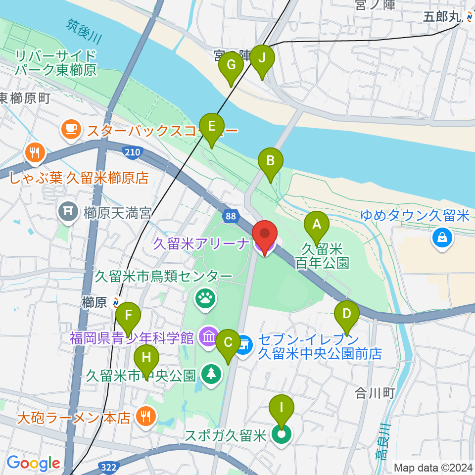 久留米アリーナ周辺の駐車場・コインパーキング一覧地図