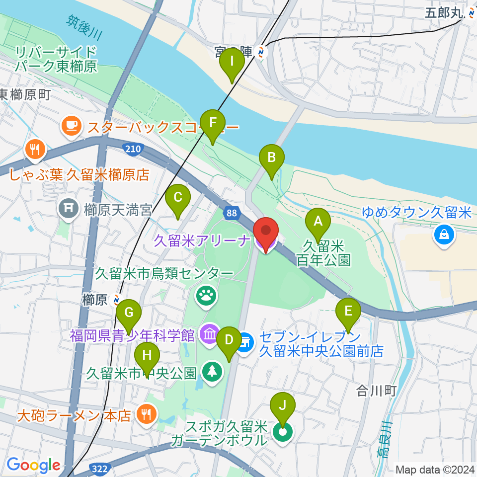 久留米アリーナ周辺の駐車場・コインパーキング一覧地図