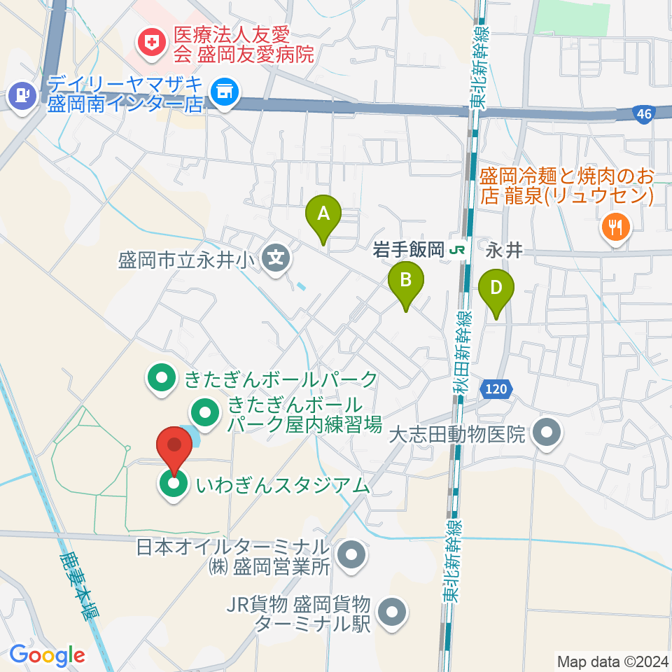 いわぎんスタジアム周辺の駐車場・コインパーキング一覧地図