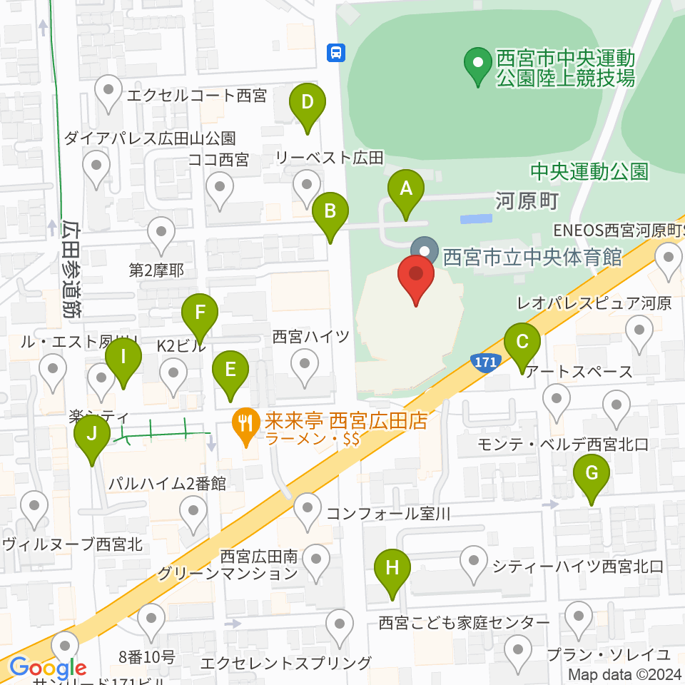 西宮市立中央体育館周辺の駐車場・コインパーキング一覧地図