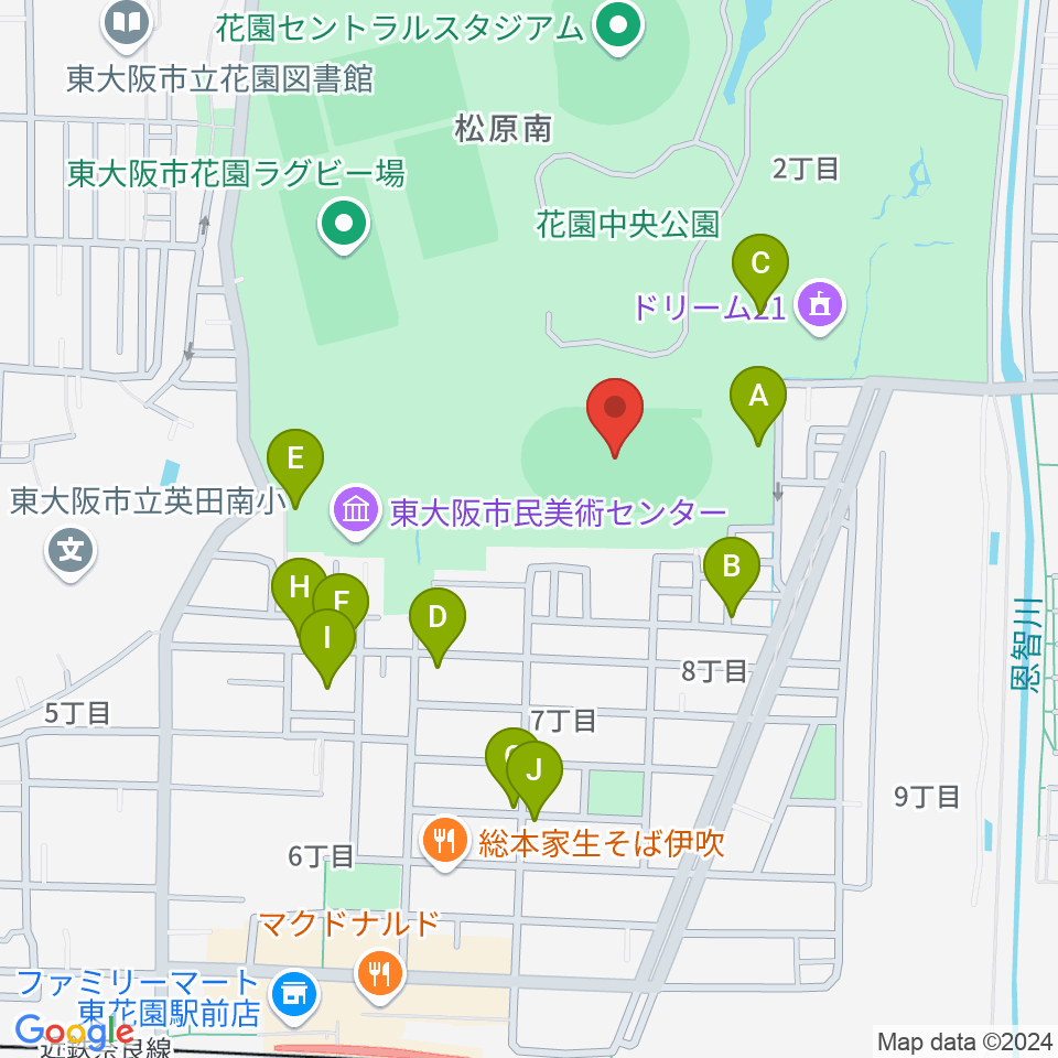 東大阪市花園中央公園 多目的球技広場周辺の駐車場・コインパーキング一覧地図