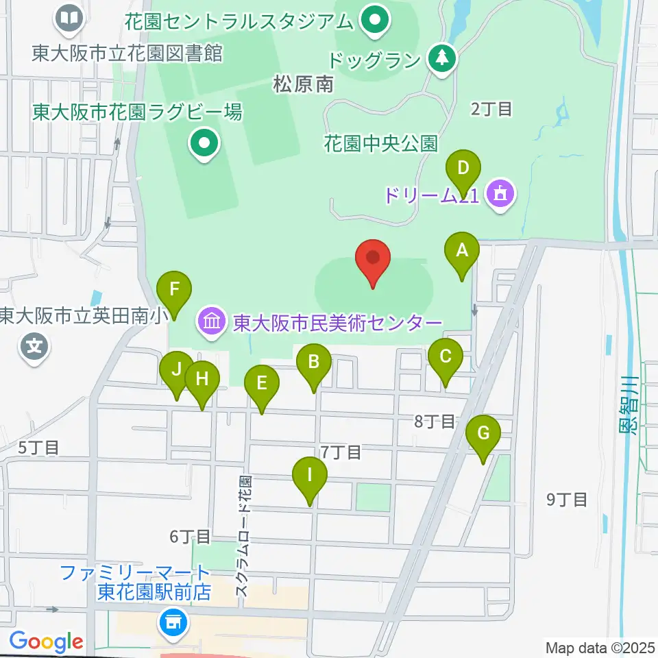 東大阪市花園中央公園 多目的球技広場周辺の駐車場・コインパーキング一覧地図
