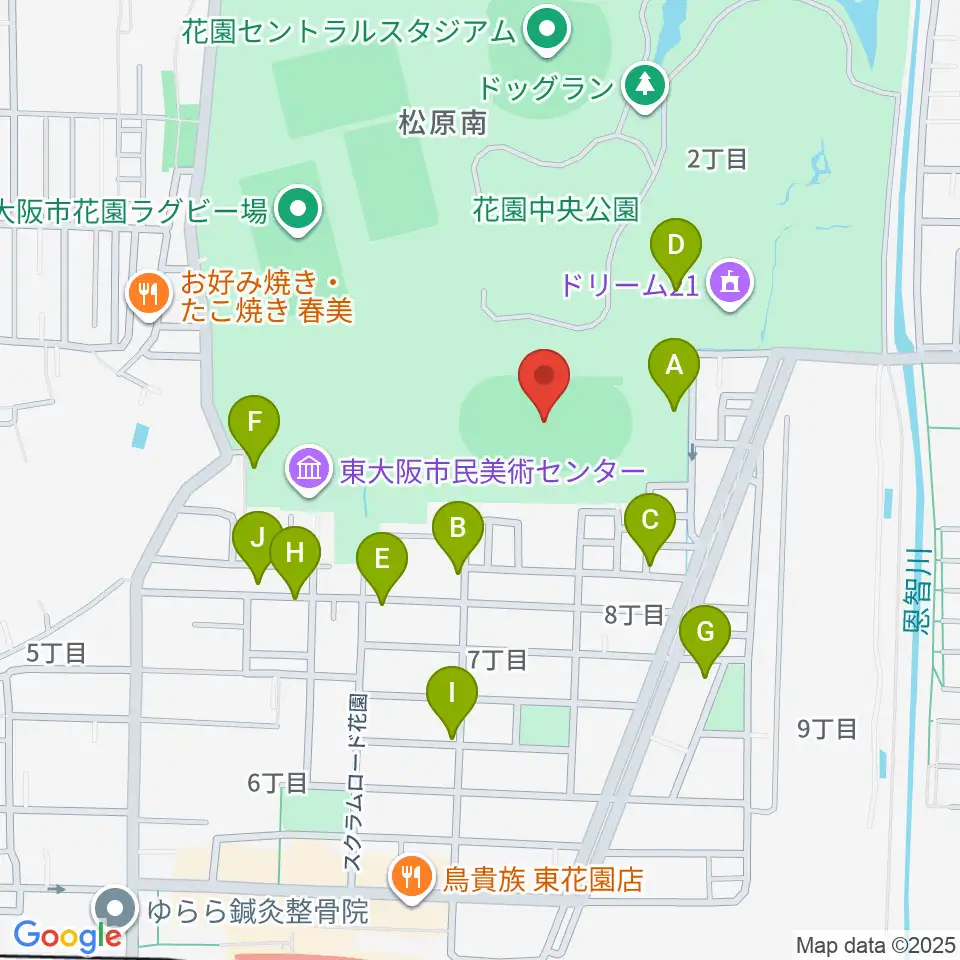 東大阪市花園中央公園 多目的球技広場周辺の駐車場・コインパーキング一覧地図