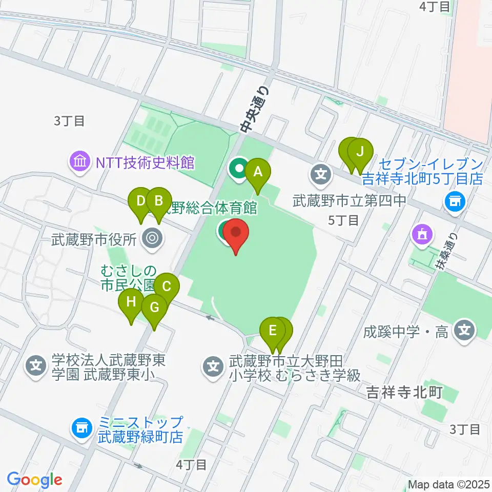 武蔵野陸上競技場周辺の駐車場・コインパーキング一覧地図