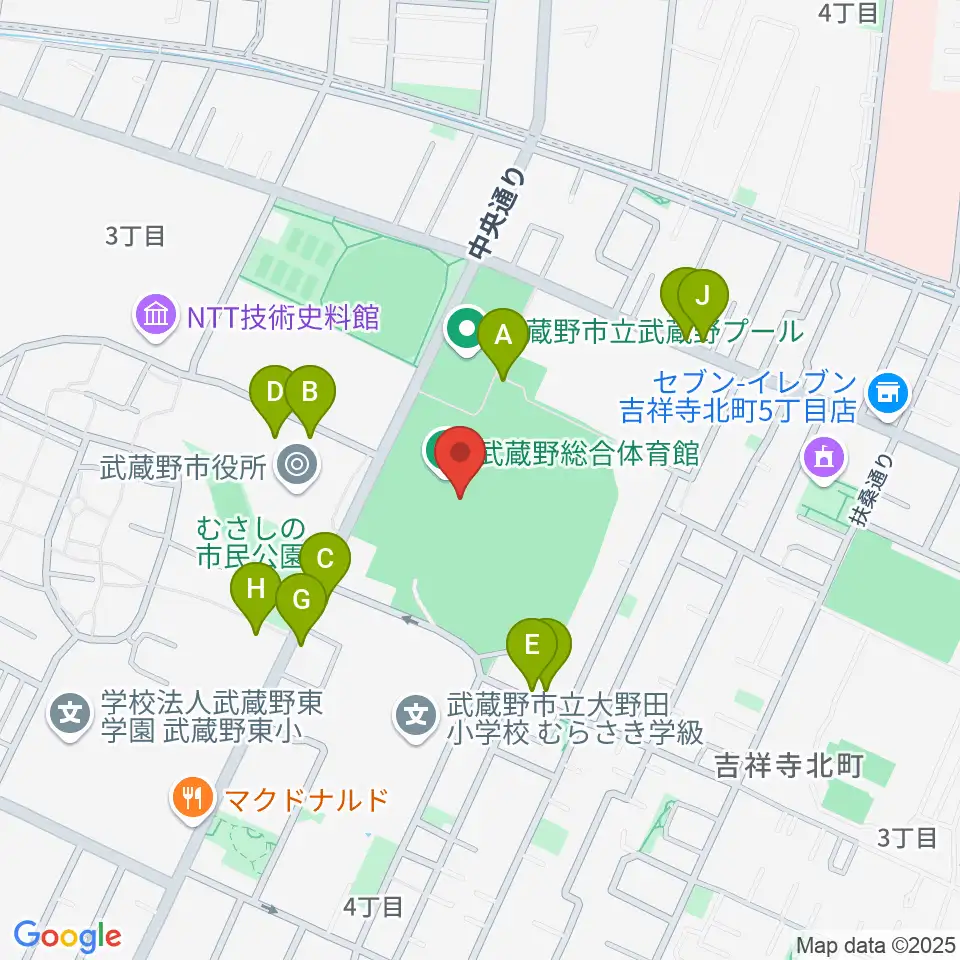 武蔵野陸上競技場周辺の駐車場・コインパーキング一覧地図
