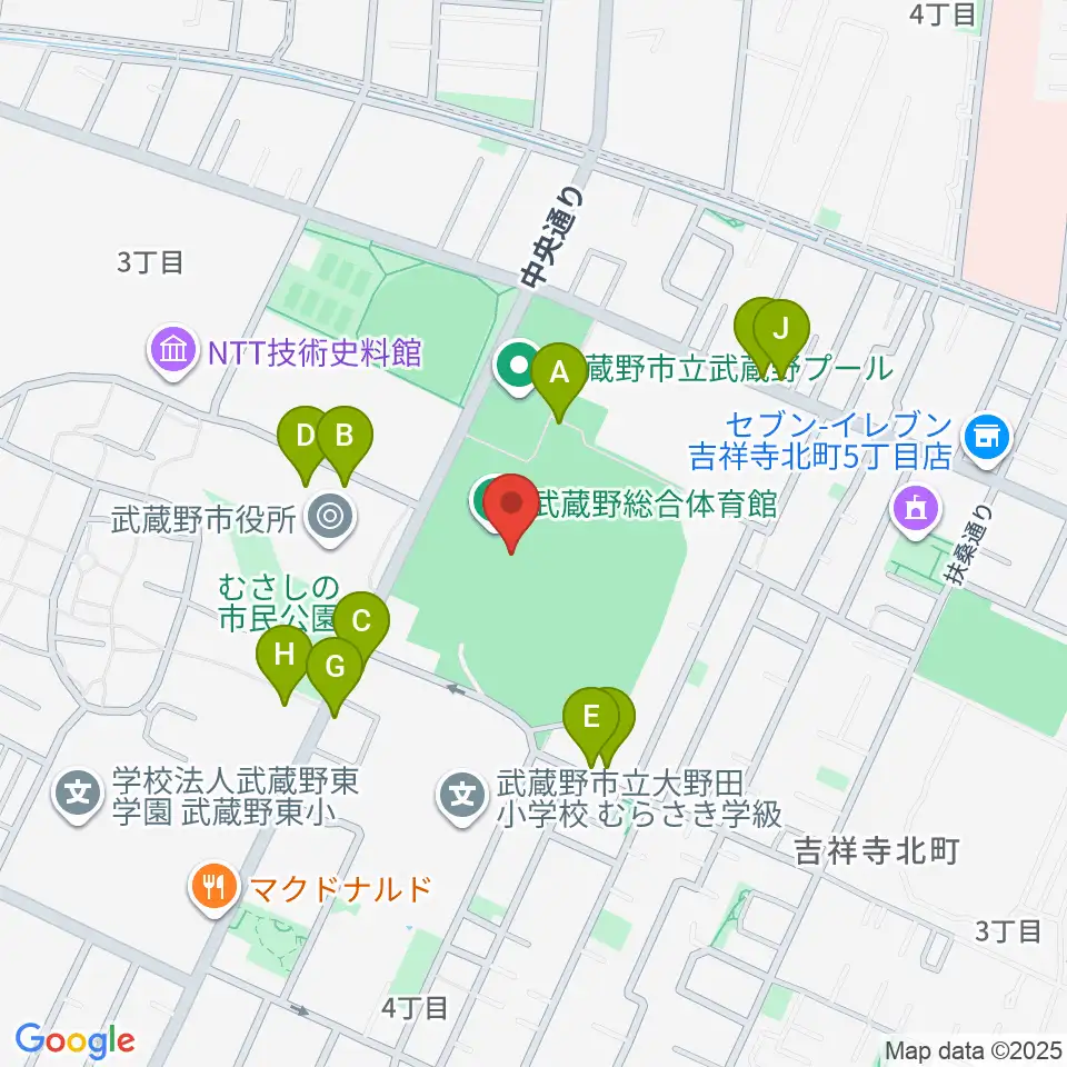 武蔵野陸上競技場周辺の駐車場・コインパーキング一覧地図