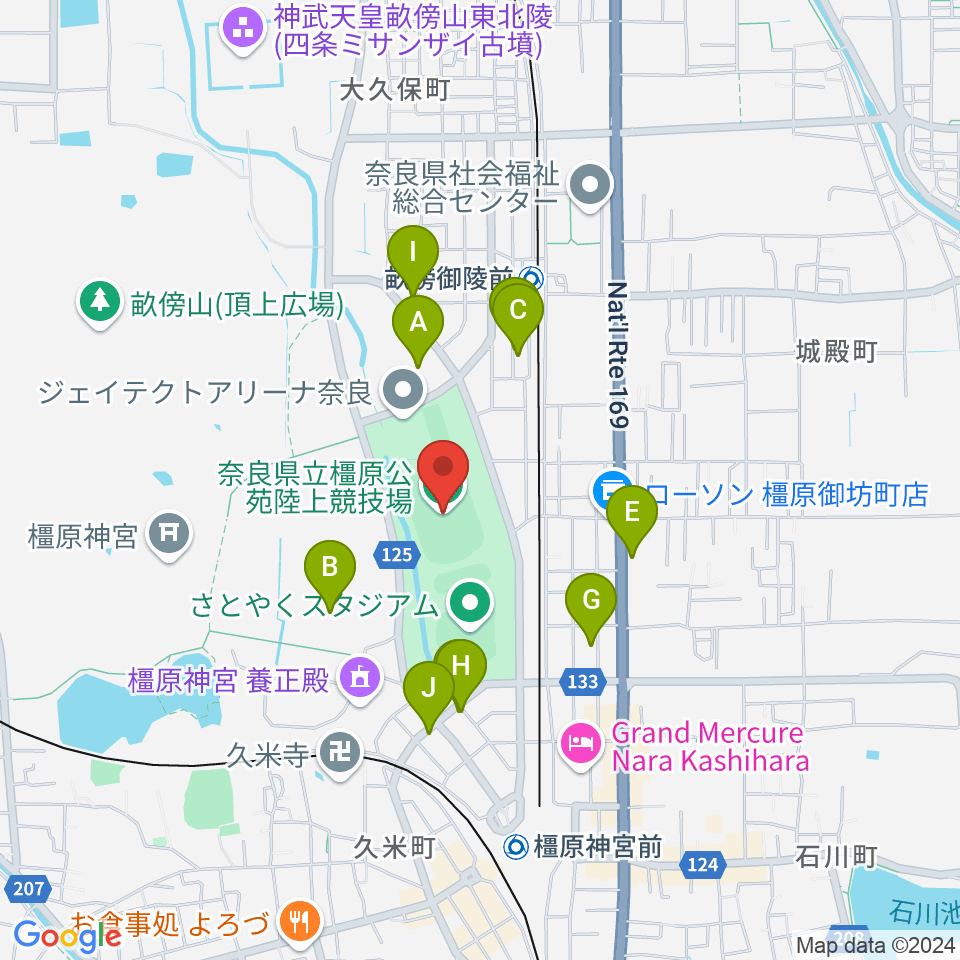 橿原公苑陸上競技場周辺の駐車場・コインパーキング一覧地図