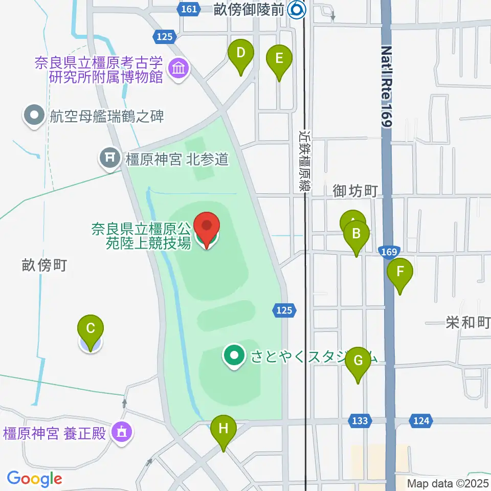 橿原公苑陸上競技場周辺の駐車場・コインパーキング一覧地図