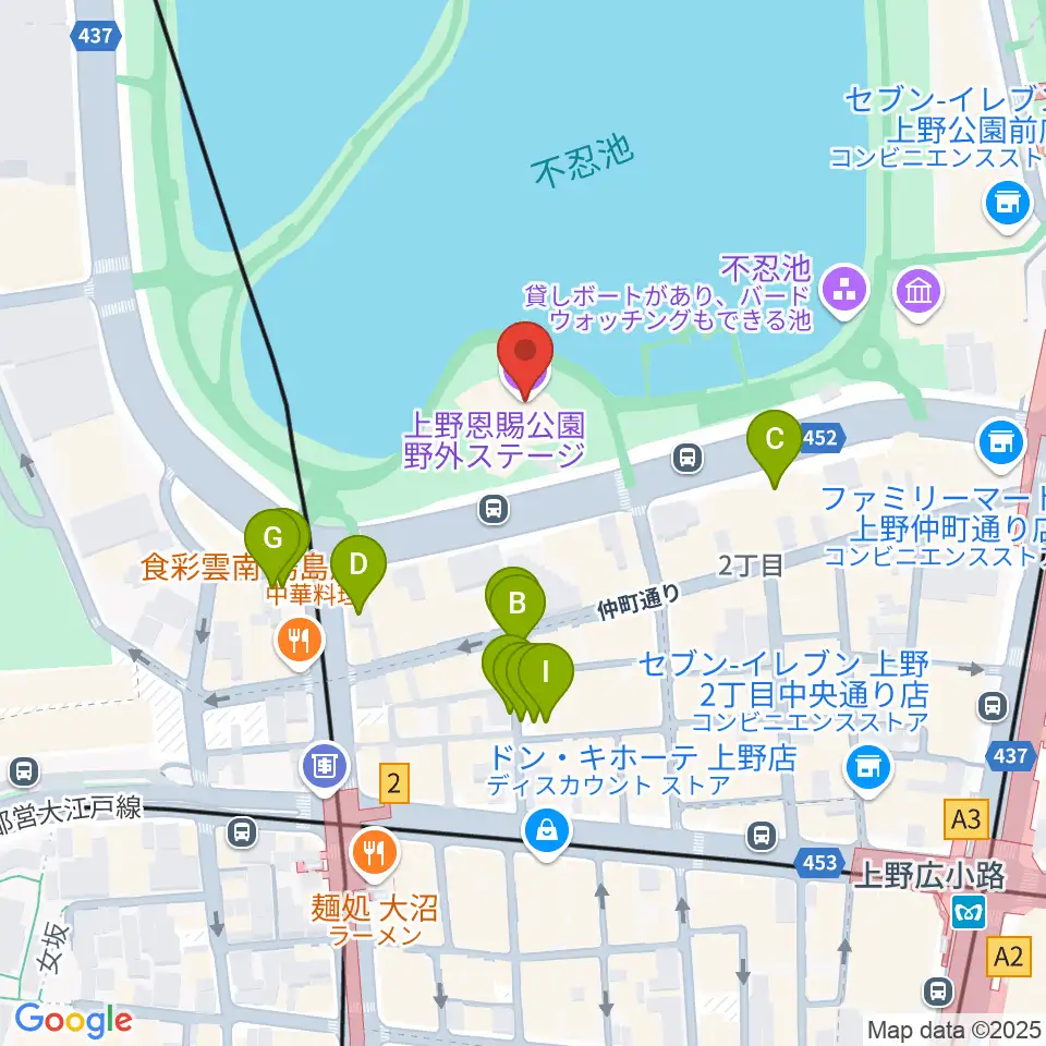 上野恩賜公園野外ステージ周辺の駐車場・コインパーキング一覧地図