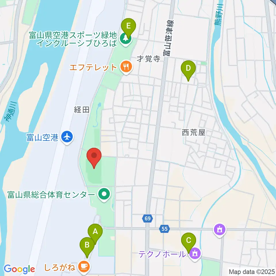 富山県空港スポーツ緑地 陸上競技場周辺の駐車場・コインパーキング一覧地図