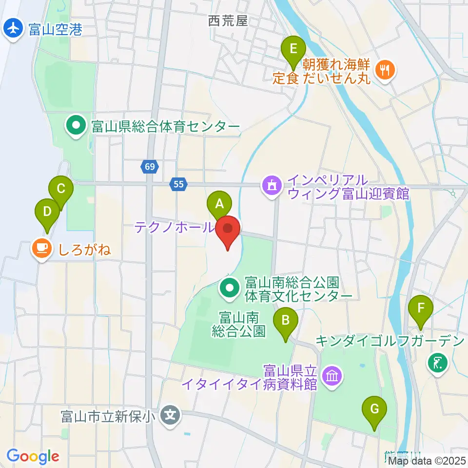 富山テクノホール周辺の駐車場・コインパーキング一覧地図
