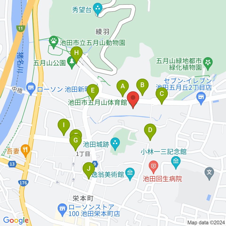 池田市五月山体育館周辺の駐車場・コインパーキング一覧地図