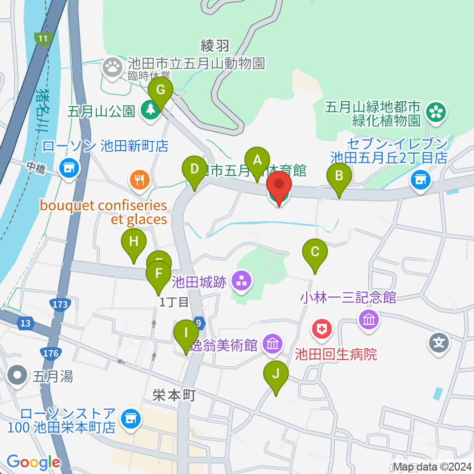 池田市五月山体育館周辺の駐車場・コインパーキング一覧地図