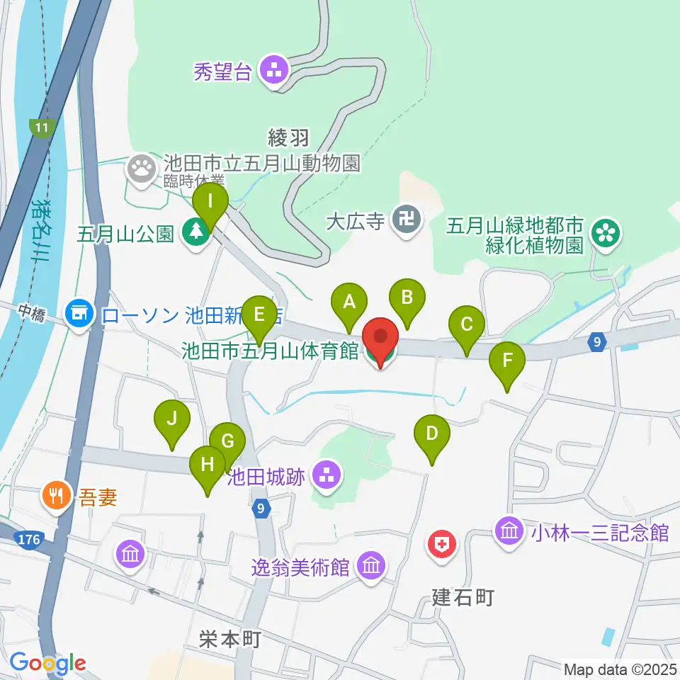 池田市五月山体育館周辺の駐車場・コインパーキング一覧地図