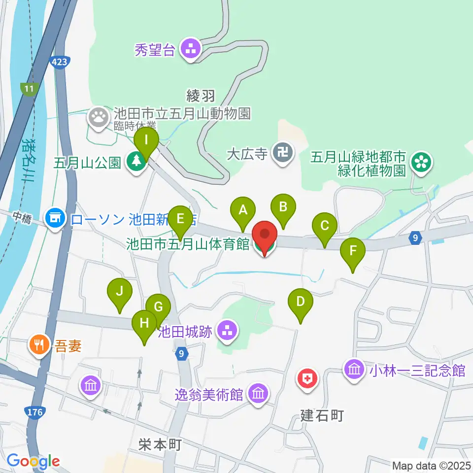 池田市五月山体育館周辺の駐車場・コインパーキング一覧地図