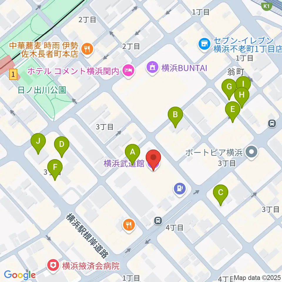 横浜武道館周辺の駐車場・コインパーキング一覧地図