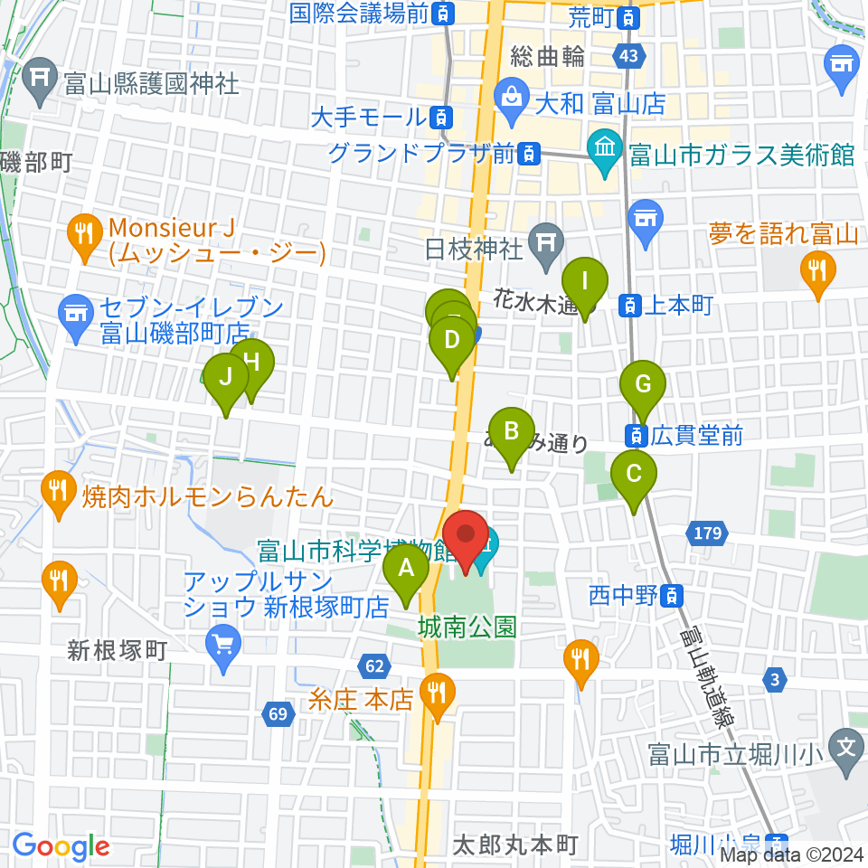 富山市科学博物館周辺の駐車場・コインパーキング一覧地図