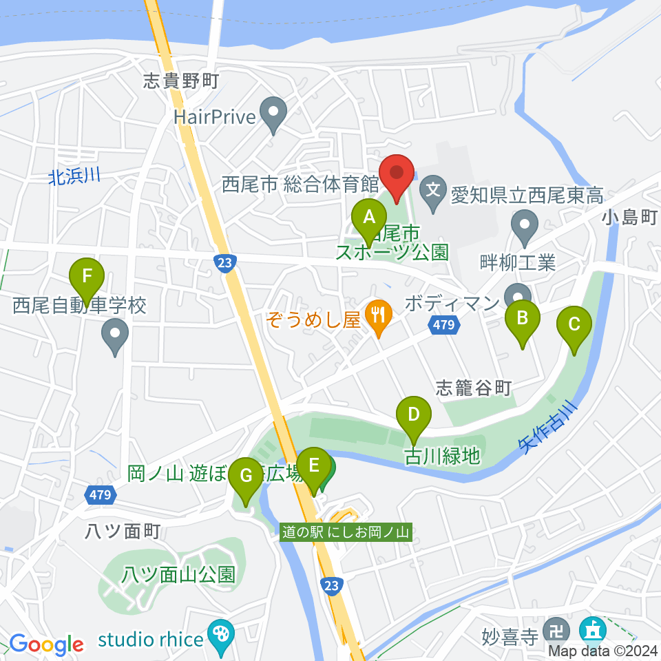 西尾市総合体育館周辺の駐車場・コインパーキング一覧地図