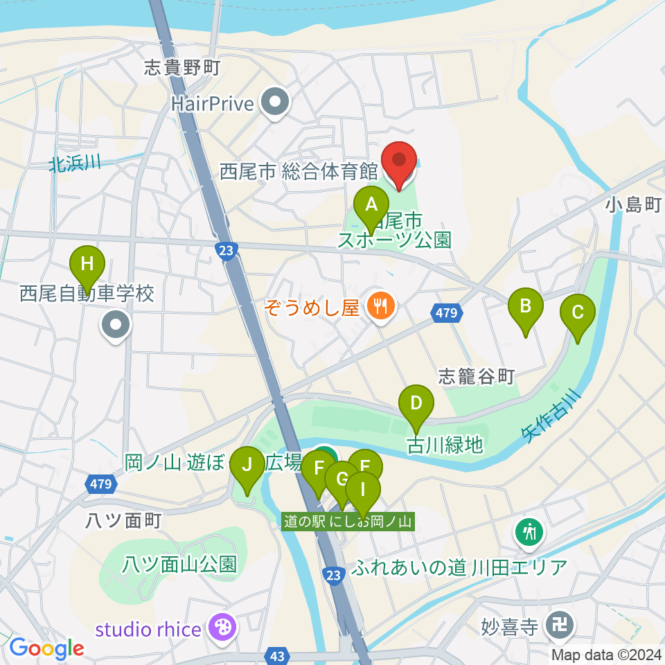 西尾市総合体育館周辺の駐車場・コインパーキング一覧地図