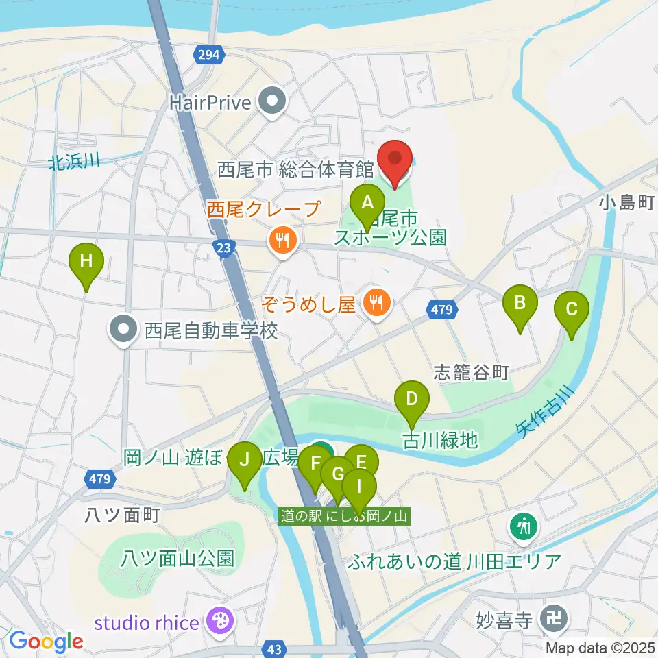 西尾市総合体育館周辺の駐車場・コインパーキング一覧地図