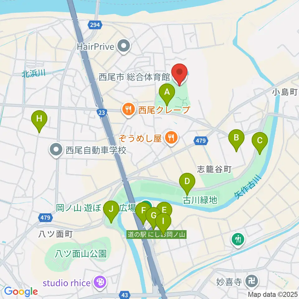 西尾市総合体育館周辺の駐車場・コインパーキング一覧地図