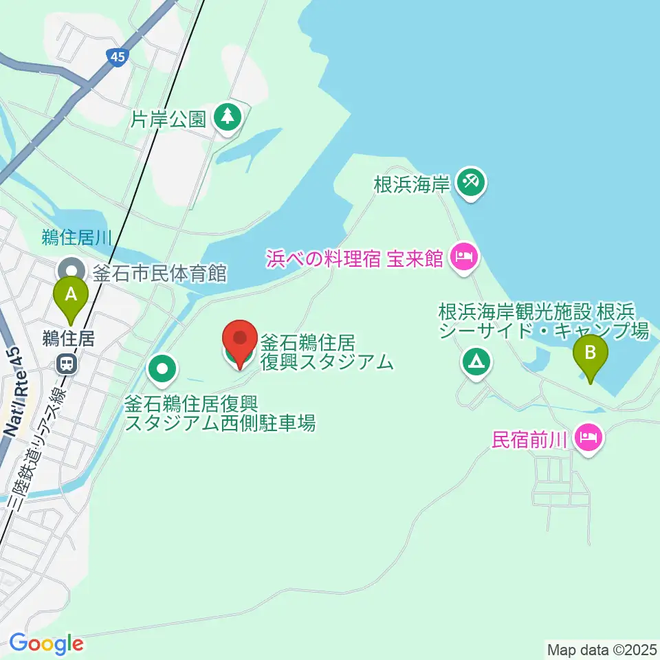 釜石鵜住居復興スタジアム周辺の駐車場・コインパーキング一覧地図