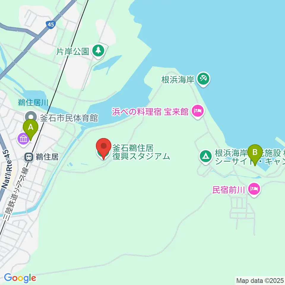 釜石鵜住居復興スタジアム周辺の駐車場・コインパーキング一覧地図
