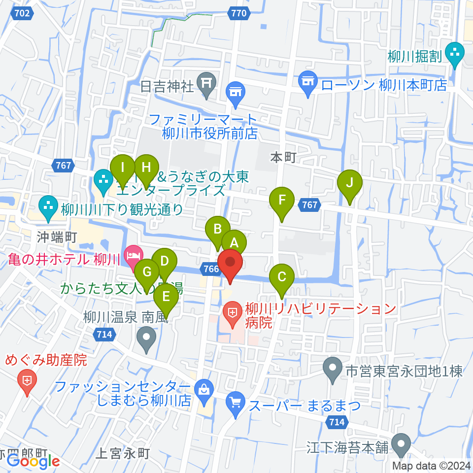 柳川市民文化会館（水都やながわ）周辺の駐車場・コインパーキング一覧地図