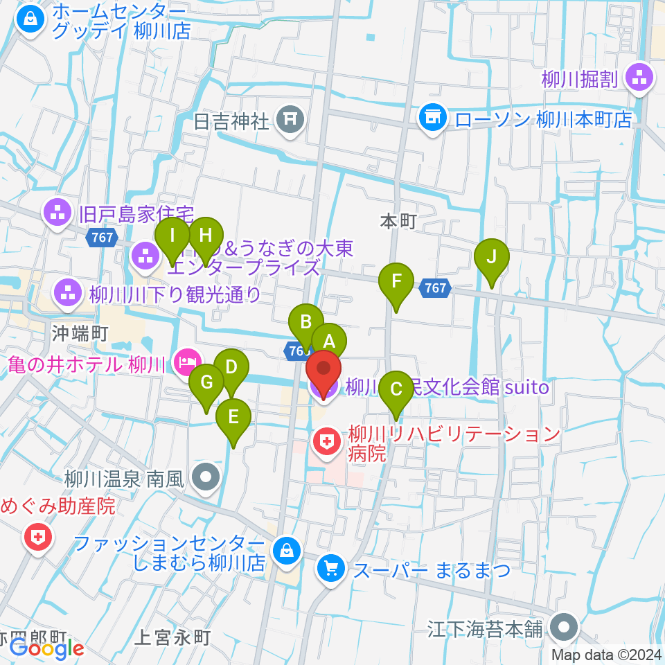 柳川市民文化会館（水都やながわ）周辺の駐車場・コインパーキング一覧地図