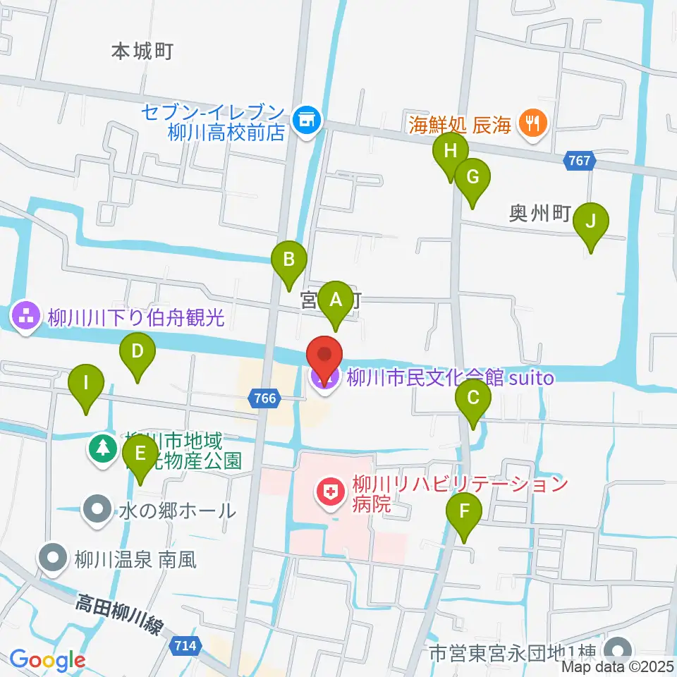 柳川市民文化会館（水都やながわ）周辺の駐車場・コインパーキング一覧地図
