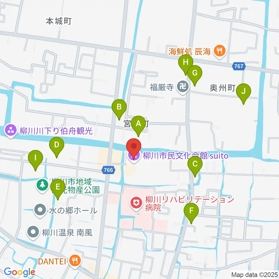 柳川市民文化会館（水都やながわ）周辺の駐車場・コインパーキング一覧地図