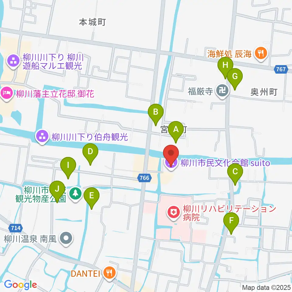 柳川市民文化会館（水都やながわ）周辺の駐車場・コインパーキング一覧地図