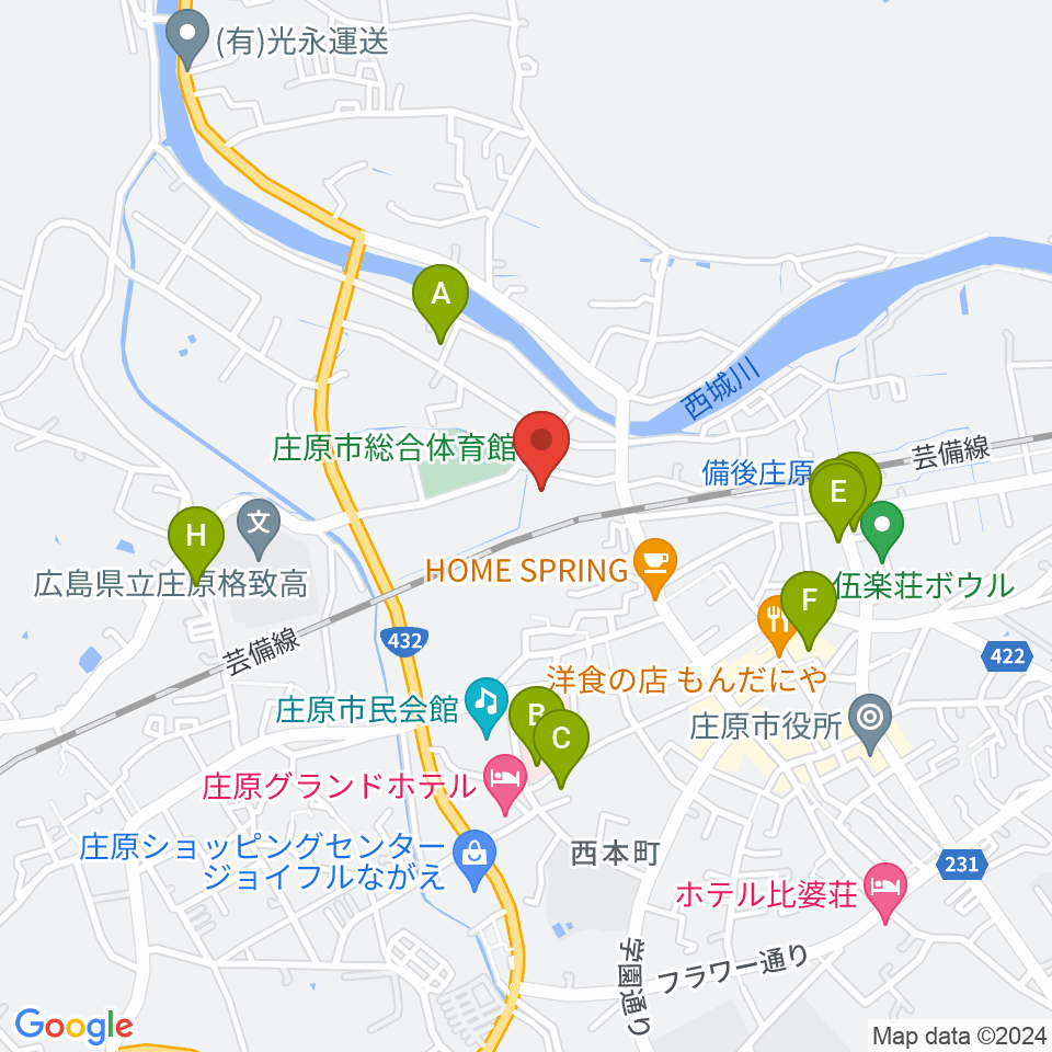 庄原市総合体育館周辺の駐車場・コインパーキング一覧地図