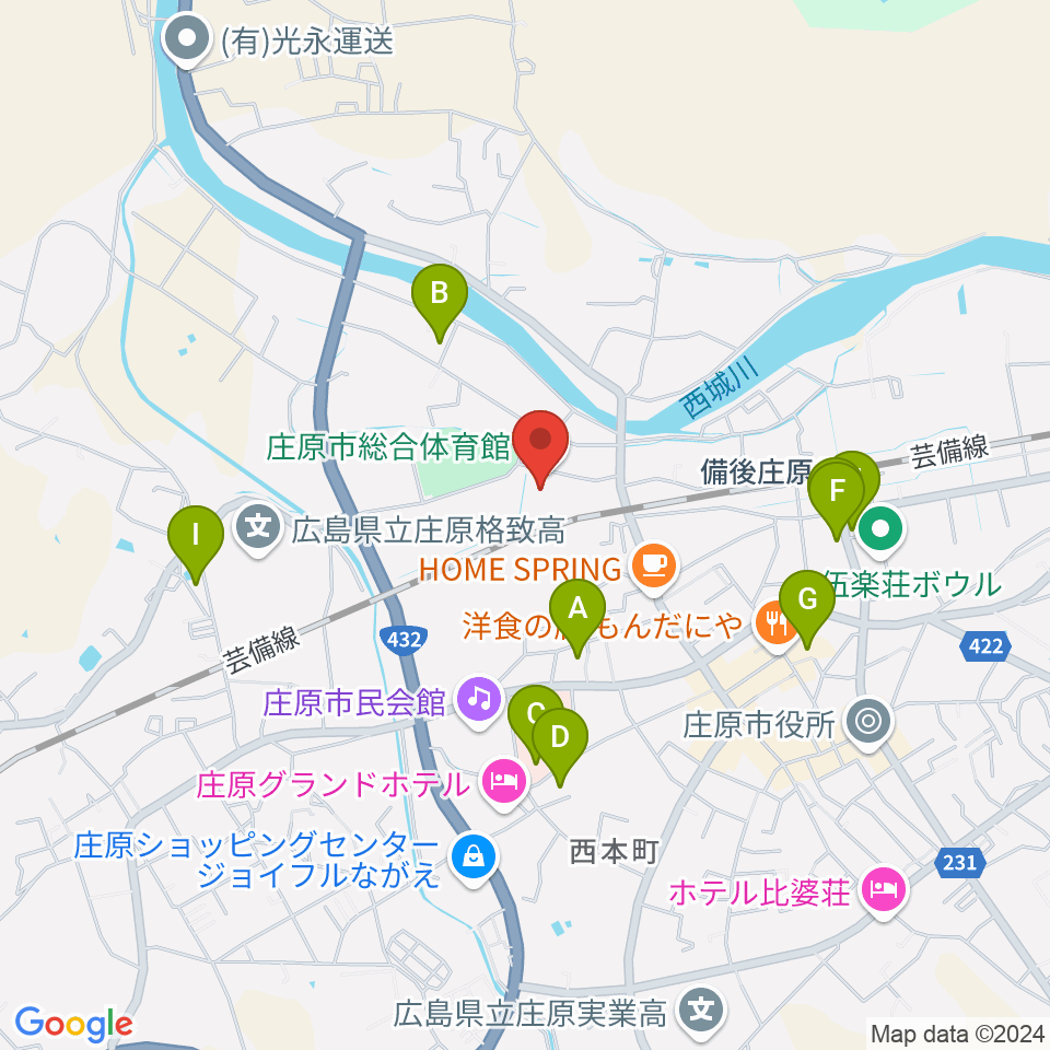 庄原市総合体育館周辺の駐車場・コインパーキング一覧地図