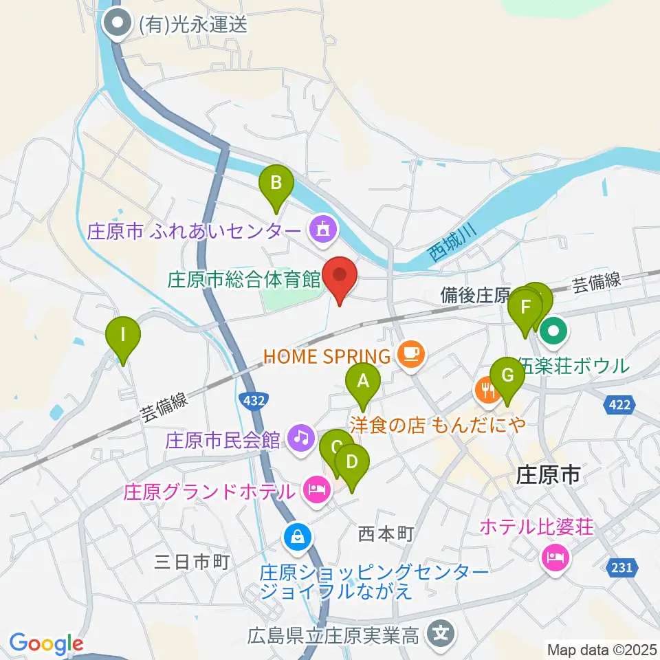 庄原市総合体育館周辺の駐車場・コインパーキング一覧地図
