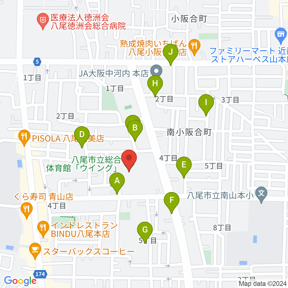 八尾市立総合体育館ウイング周辺の駐車場・コインパーキング一覧地図