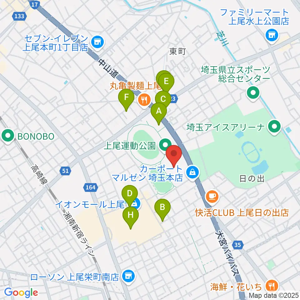 上尾運動公園体育館周辺の駐車場・コインパーキング一覧地図