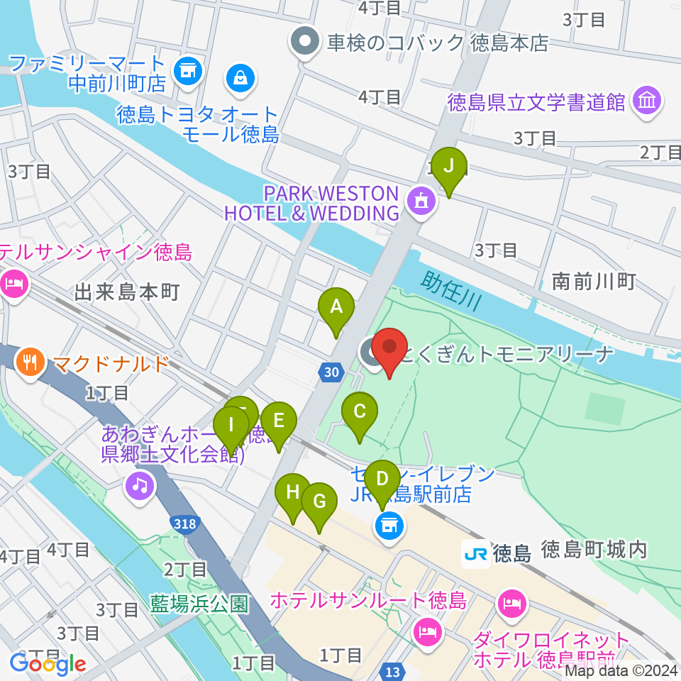 とくぎんトモニアリーナ 徳島市立体育館周辺の駐車場・コインパーキング一覧地図