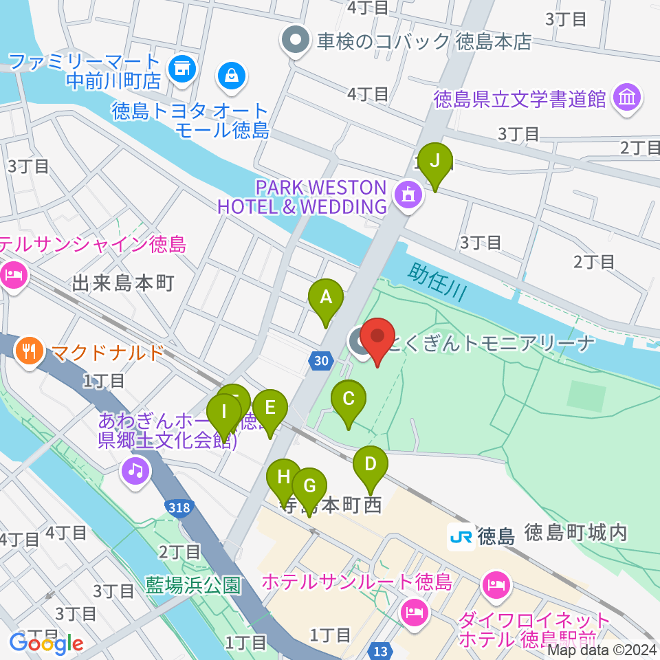 とくぎんトモニアリーナ 徳島市立体育館周辺の駐車場・コインパーキング一覧地図