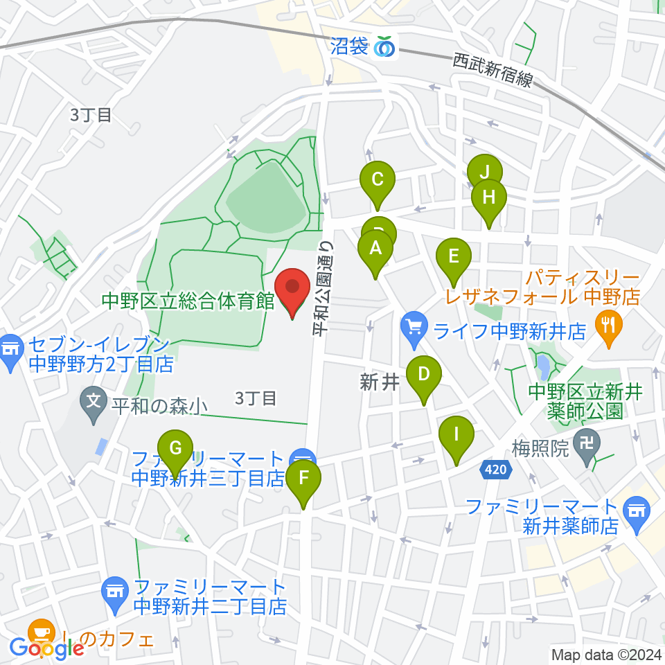中野区立総合体育館周辺の駐車場・コインパーキング一覧地図