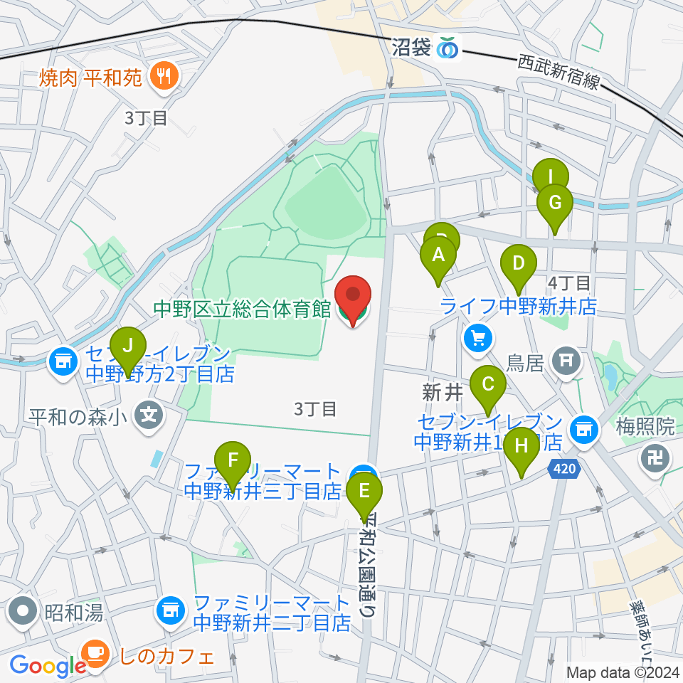 中野区立総合体育館周辺の駐車場・コインパーキング一覧地図