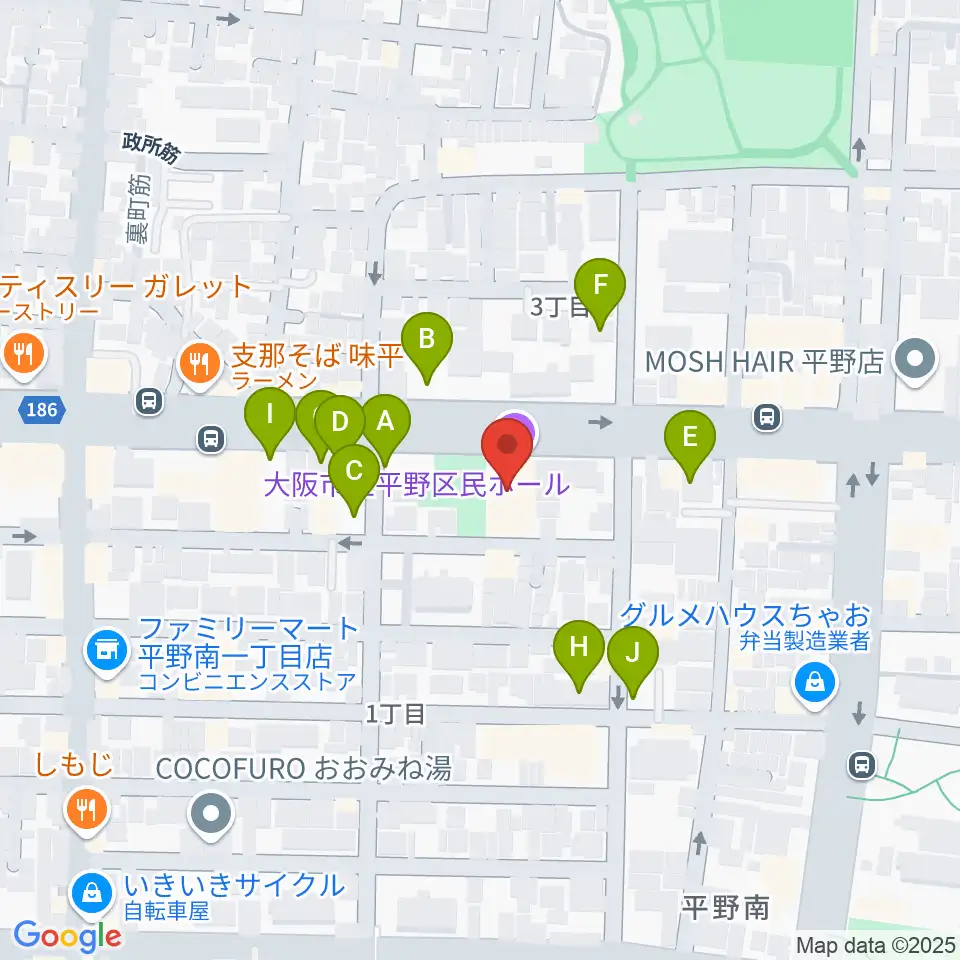 平野区民ホール周辺の駐車場・コインパーキング一覧地図