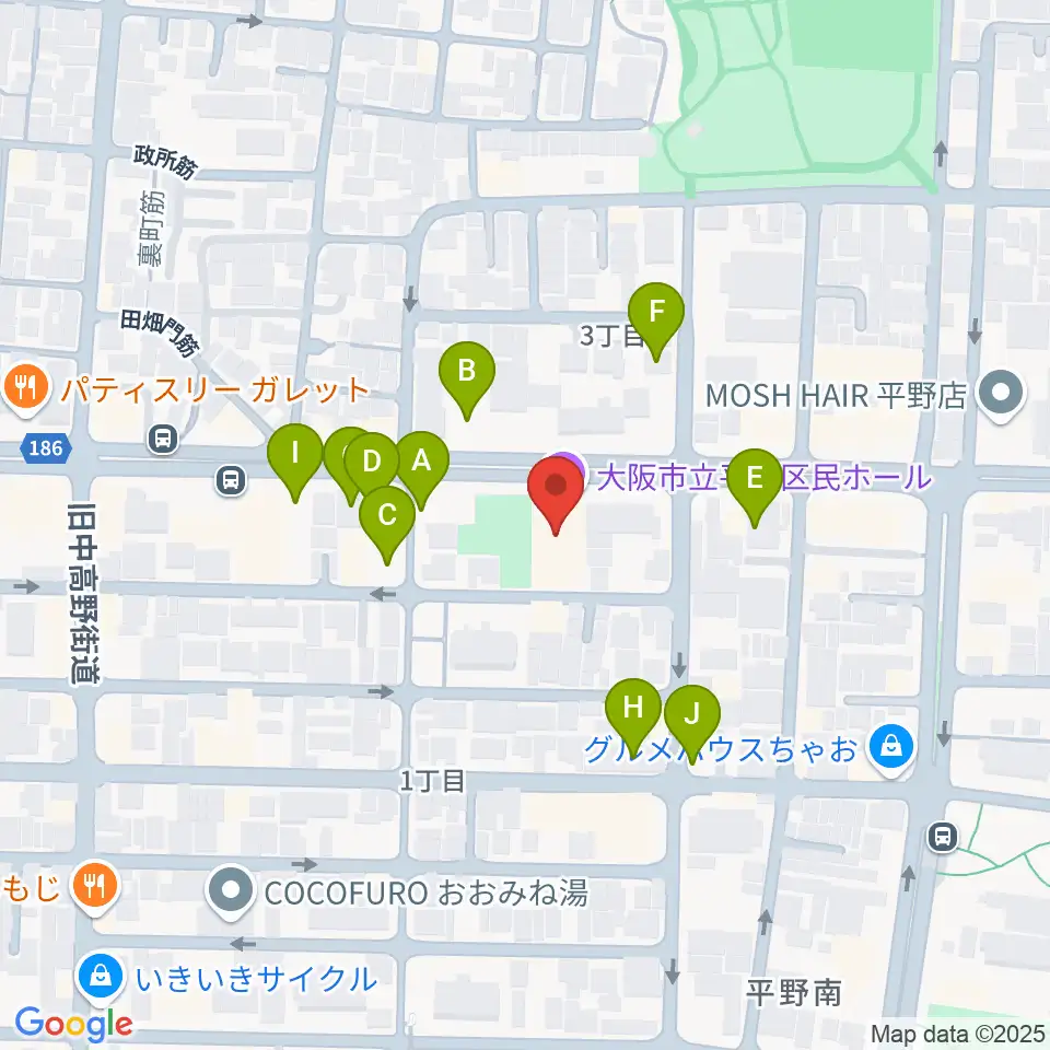 大阪市立平野区民ホール周辺の駐車場・コインパーキング一覧地図