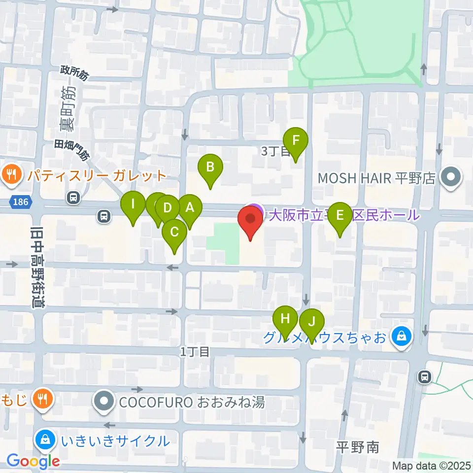 大阪市立平野区民ホール周辺の駐車場・コインパーキング一覧地図