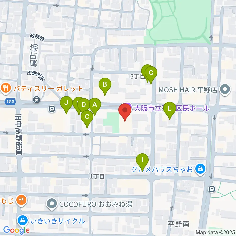 大阪市立平野区民ホール周辺の駐車場・コインパーキング一覧地図