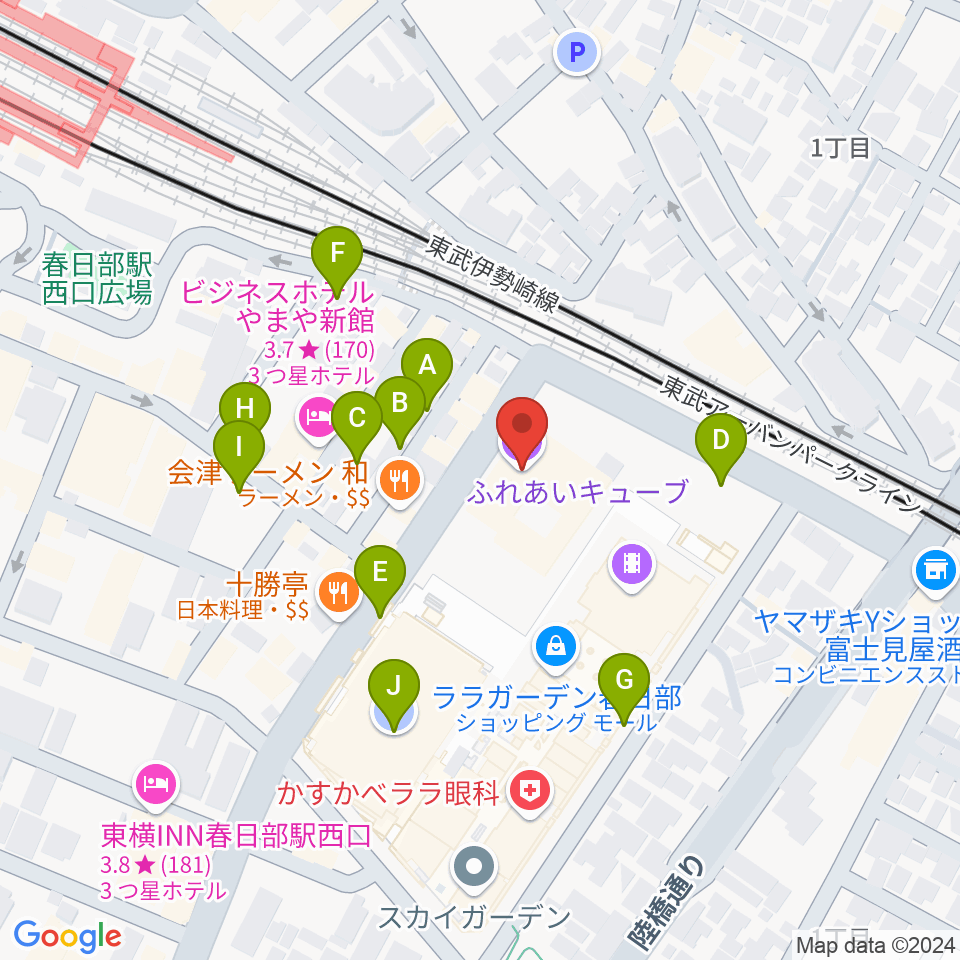 春日部ふれあいキューブ周辺の駐車場・コインパーキング一覧地図