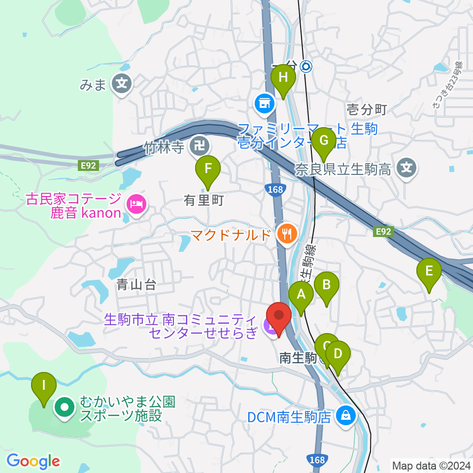 生駒市立南コミュニティセンターせせらぎ周辺の駐車場・コインパーキング一覧地図