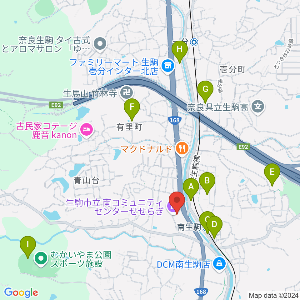 生駒市立南コミュニティセンターせせらぎ周辺の駐車場・コインパーキング一覧地図